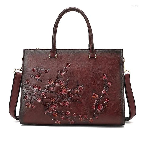 Bolsos de noche Gagacia gran capacidad para mujeres hombro para damas bolsos de cuero floral 13.3 Mano de Borgoña retro 2024