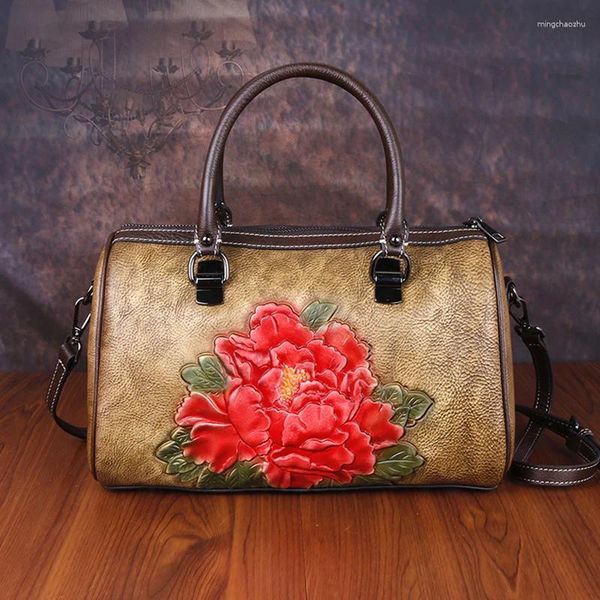 Bolsas de noche Bolso de cuero en relieve genuino Hombro Cruz Cuerpo Femenino Floral Retro Multi-Capacidad Compras Mujeres Tote Messenger Bag