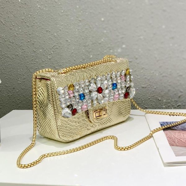 Bolsos de noche bandolera de cuero genuino para mujer, bandolera de hombro con diamantes de colores láser, bolso de viaje con cadena para mujer