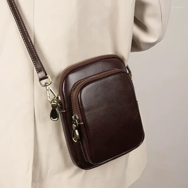 Bolsos de noche Bolso de cuero genuino para mujeres 2024 Tendencia Bolso pequeño Simple Vegetal Curtido Cuero de vaca Teléfono móvil Crossbody Hombro