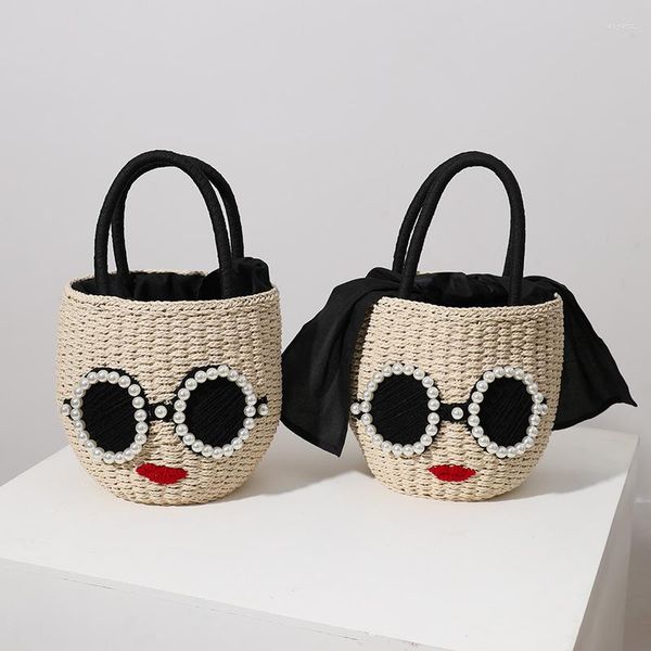 Bolsos de noche, gafas, labios rojos, bolso tejido de paja, moda japonesa, bolso de mano de ratán, bonito abanico de dibujos animados, cubo para mujer