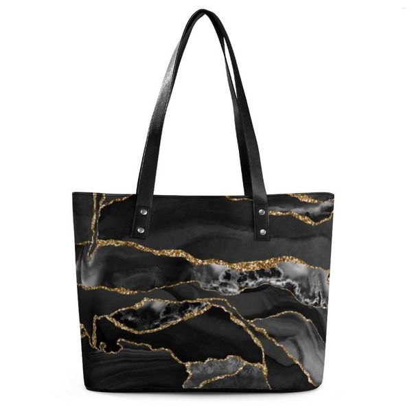 Bolsos de noche, bolsos de mármol con purpurina, bolsos de playa con canicas negras y doradas, bolso de mano para mujer con estampado de hombro Kawaii, bolso de piel sintética con bolsillo