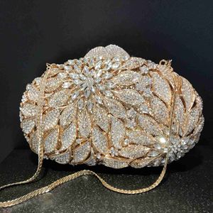 Sacs de soirée Feuilles en métal doré Cristaux blancs Sacs de soirée Pochettes de luxe Femmes Sac à main de fête de mariage Balle Sacs à main Strass Mini Minaudiere HKD230821