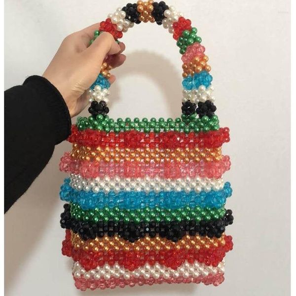 Bolsos de noche Bolso de cuentas hecho a mano Cubo de rayas de cristal Bolso de mano vintage con asa superior multicolor Diseño de lujo 2023 Summer Beach Resort