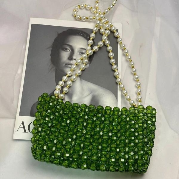 Bolsos de noche hechos a mano DIY bolsos con cuentas para las mujeres moda clásica verde pequeño bolso cuadrado perla cadena fiesta hombro totalizador