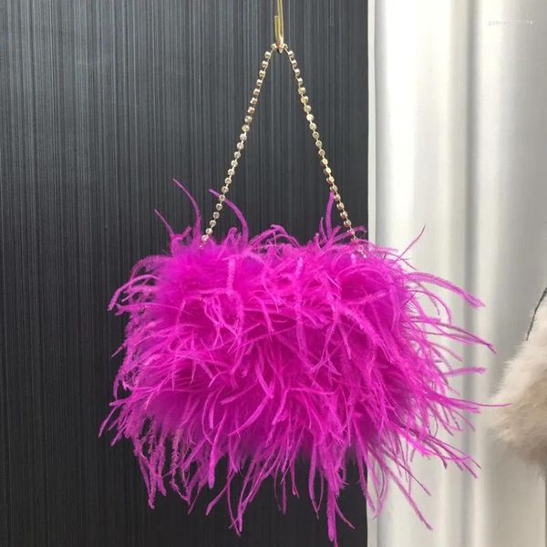 Bolsos de noche Hecho a mano Pluma de avestruz Moda de lujo Metal Cadena de diamantes de imitación Hombro Fiesta de graduación Embragues para mujeres Embrague