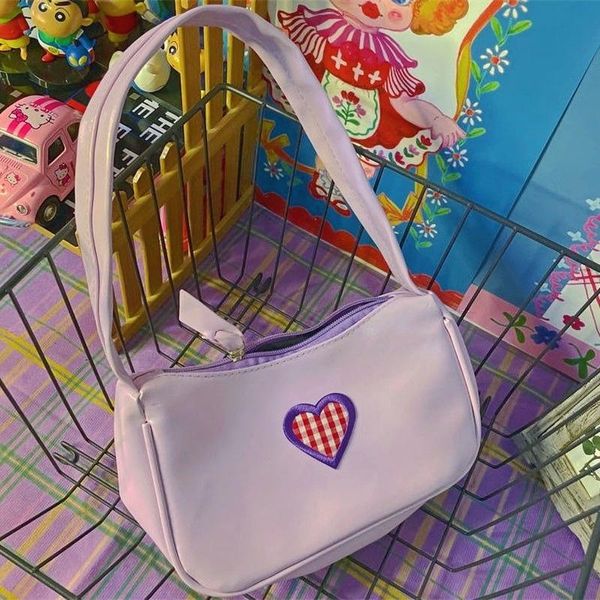 Bolsos de noche Harajuku Y2K bolso de hombro púrpura mujer Lolita corazón Kawaii japonés JK bolso pequeño PU cartera bolsa monederos bolsos de noche