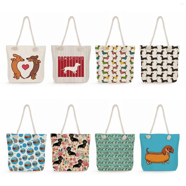 Bolsos de noche de alta capacidad con dibujos de perros, bolso de mano para la playa con cuerda gruesa para el hombro, bolsos de compras reutilizables ecológicos con estampado de perro salchicha para mujer