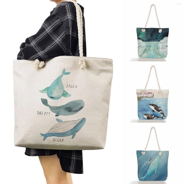 Sacs de soirée Haut-capacité Travel Beach Cute Whale Girl Imprimé sac à main imprimé Femmes Femme Tote Eco Shoping Sac Series Série épaule