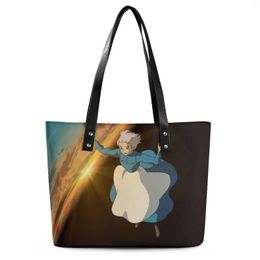 Avondtassen Howls Moving Castle Handtassen Lady Sophie Falling Down Tote Bag Casual School Shoulder Belt Print PU Leather Shopper