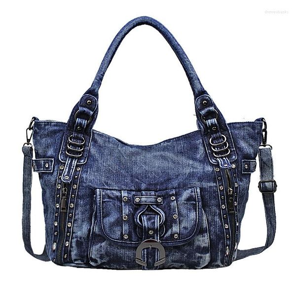 Bolsos de noche en mezclilla lavada retro Bolso de hombro para mujer Bolsos de mezclilla y bolso de mano con anillo de remache Dec Tote informal Hobo