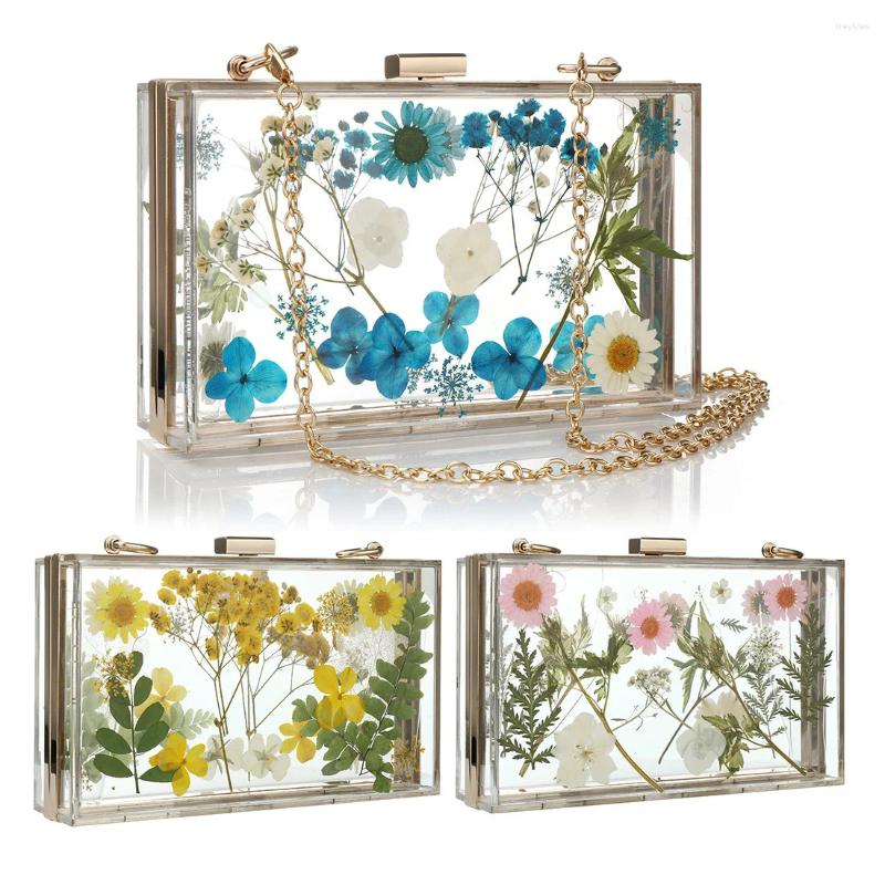Borse da sera IN Frizione borse in scatola acrilica con fiore di festa trasparente a traversa floreale a catena Flora trasparente