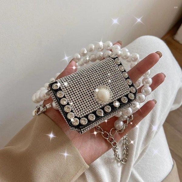 Bolsas de noche Ins Tide Bling Rhinestones Diamante Cinturón Cadena de perlas Lindo Mini para mujeres Bolsa Hombro Messenger Cintura