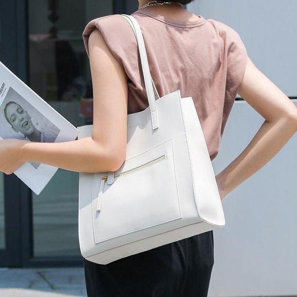 Bolsas de noche Japón Estilo simple Nappa Cubo de cuero Bolsa de asas de viajero Blanco Cuero de vaca Bolso de mujer Calidad Una sonrisa Hombro 312S