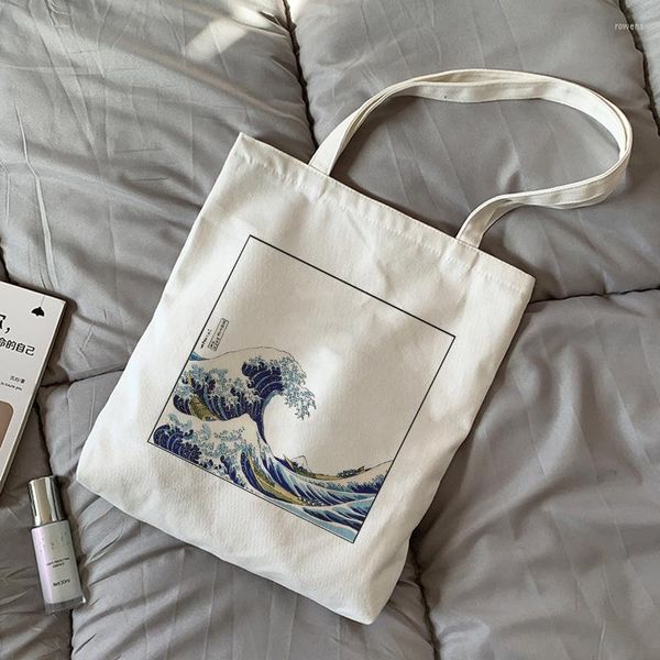 Bolsos de noche con estampado de ondas japonesas, bolso de compras informal de lona de gran capacidad, moda Harajuku, letras de dibujos animados, cremallera Ulzzang, hombro para mujer