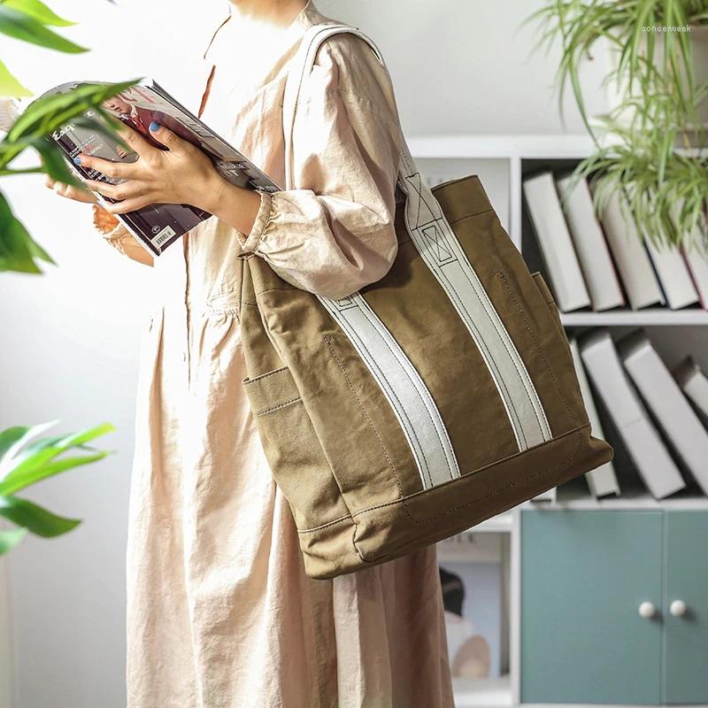 Вечерние сумки Японская модная холщовая большая сумка с карманами для покупок Дизайнерская сумка на плечо для женщин Подходящий по цвету слинг