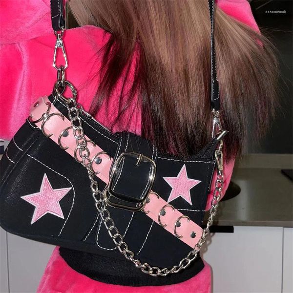 Bolsos de noche Moda japonesa Cool Dark Harajuku Style Denim Bag Pink Star Cadena de metal Mujer Underarm Tote Monederos Bolsos