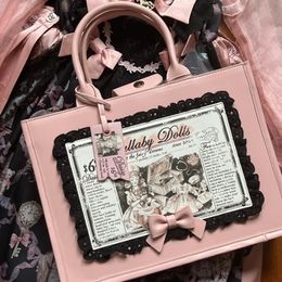 Avondtassen Jiaerdi Fairycore Lolita Tote Bag Dames Harajuku Bow Handgreep Leer Pink Handtas Vintage grote capaciteit JK Schoudertas 230812