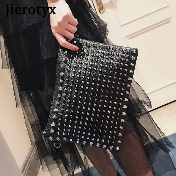 Sacs de soirée Jierotyx Embrayage pour femmes Marque de luxe Punk Rock Style Rivet Épaule Enveloppe Sac Unisexe Sacs à main en cuir noir 231017