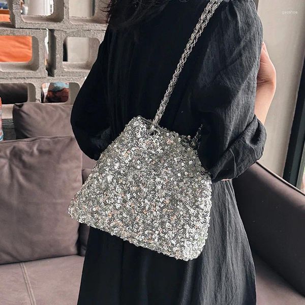 Sacs de soirée Paillettes de style coréen Sac seau Paillettes Chaîne en argent pour femme Épaule unique Bandoulière noire personnalisée