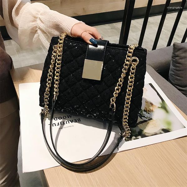 Bolsas de noche Hombro de encaje para mujeres Patrón de diamante Cadena de lujo Diseñador Bolso Multi bolsillos Gran capacidad Negro Sling Tote Bag Sac