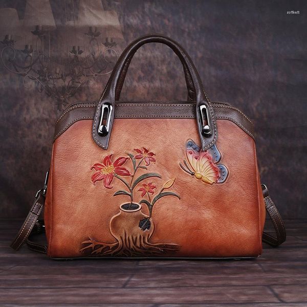 Bolsos de noche para mujer, bolso de mano de piel auténtica en relieve, bandolera de hombro de alta calidad para mujer, bolso de mano Vintage Floral de lujo para mujer