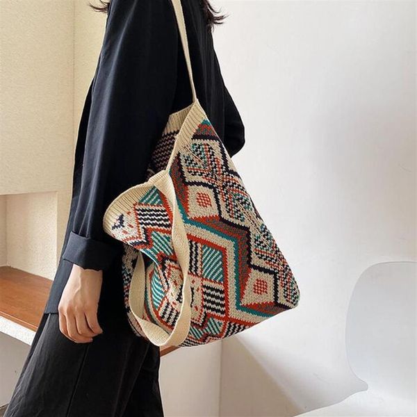 Bolsas de noche Lady Knitting Gypsy Bohemio Boho Chic Aztec Tote Bag Mujeres Crochet Woolen Open Shopper Top-Handle 2021Female Daily H237k