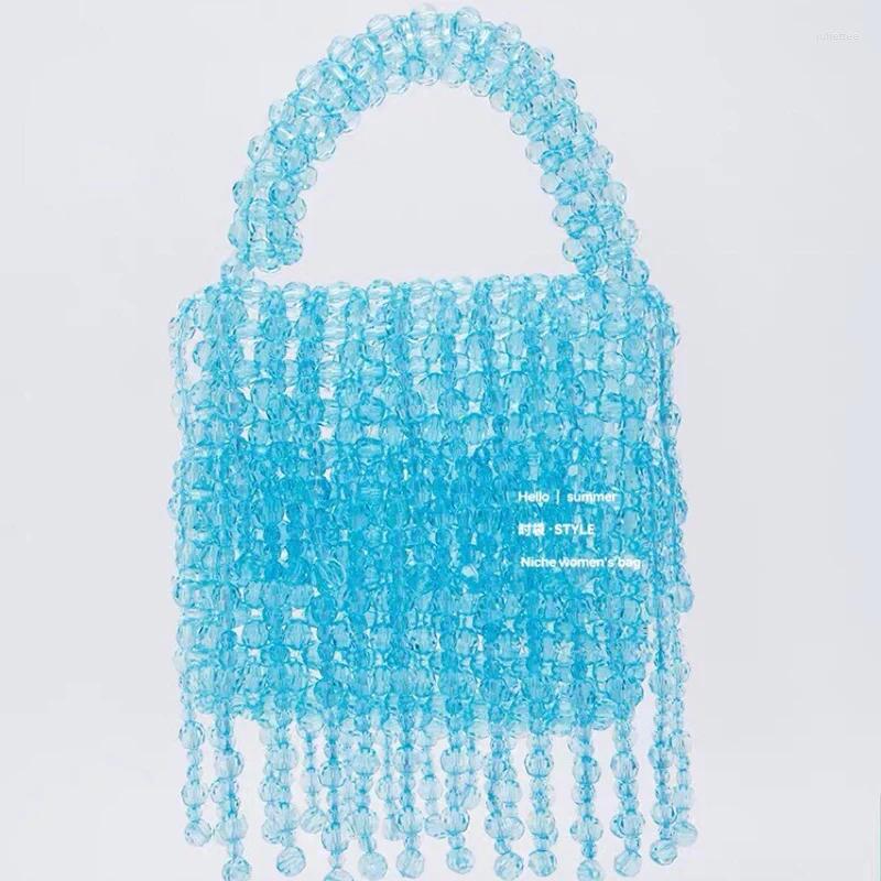 Kvällspåsar Lake Blue Acrylic pärlstav handgjorda vävning Tassel unik design handhållen kvinnors väska anpassade ins sommar damväska