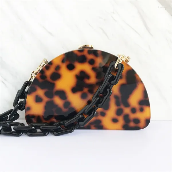 Sacos de noite leopardo acrílico bolsa moda semicírculo embreagens mulheres saco do mensageiro marca embreagem festa carteira bolsas corrente