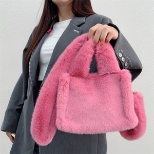 Sacs de soirée Belle fausse fourrure femmes sac à bandoulière couleur unie dames doux en peluche bandoulière portable femme sac à main petit fourre-tout sacs à main 230203