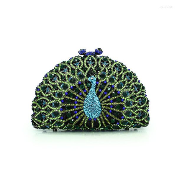 Bolsos de noche Precioso hecho a mano Green Peacock Crystal Clutch Mujeres Día de fiesta Animal Rhinestone