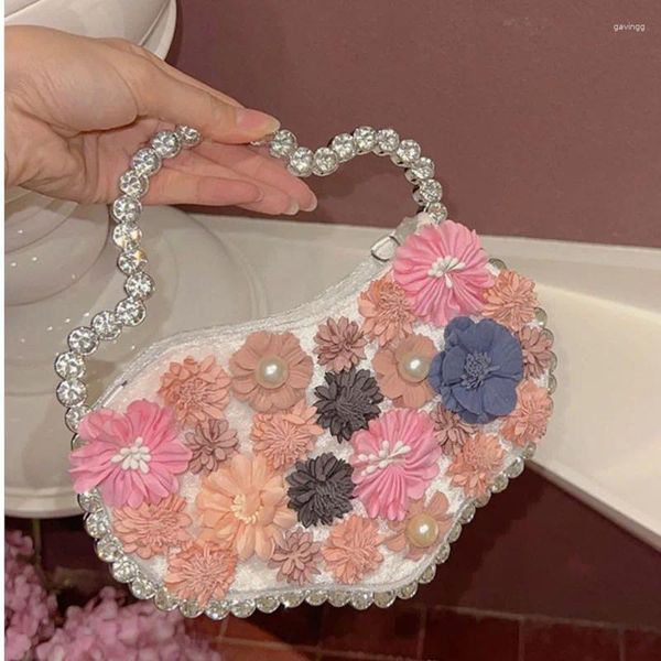 Sac à main à fleurs de luxe pour femmes, pochette en strass, demi-lune, perles, diamant, fête de mariage, dames