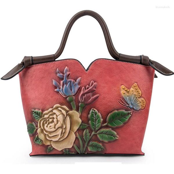 Bolsas de noche Flor de lujo Rose Mujeres Bolso de cuero genuino Diseñador femenino Real Cuero Bolsos Lady Piel Hombro