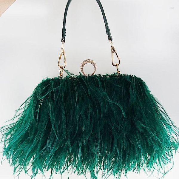 Bolsos de noche de plumas de avestruz de lujo para mujer, bolso de hombro con cadena, bolso de mano de fiesta con borlas, bolsos de boda verdes