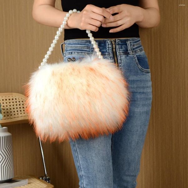 Bolsas de noche Fiesta de lujo Piel Mujeres Invierno Faux Peluche Bolsa Pearl Cadena Tote Hombro Compacto Lindo Clip