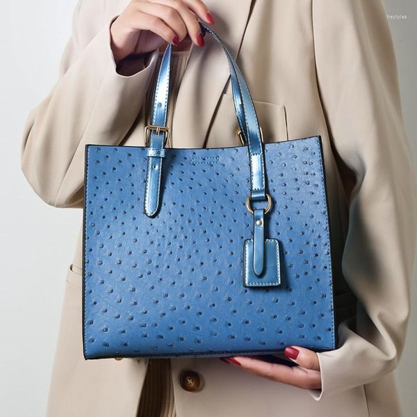 Bolsos de noche de lujo de cuero Pu bolsos para damas bolso de mano con patrón de avestruz 2023 mujeres marca grande mensajero azul grande Casual hombro