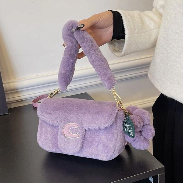 Sacs de soirée Luxe Purple Fausse Fourrure Sac Sac à main Femme Mode Poignée courte Design Underarm Peluche Femme Cuir Bandoulière Bandoulière