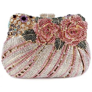 Bolsos de noche de lujo con flores rosas, bolso de diamantes de imitación azul, bolso de mano de cristal, bolso de mano para mujer, monedero para fiesta de boda Q27