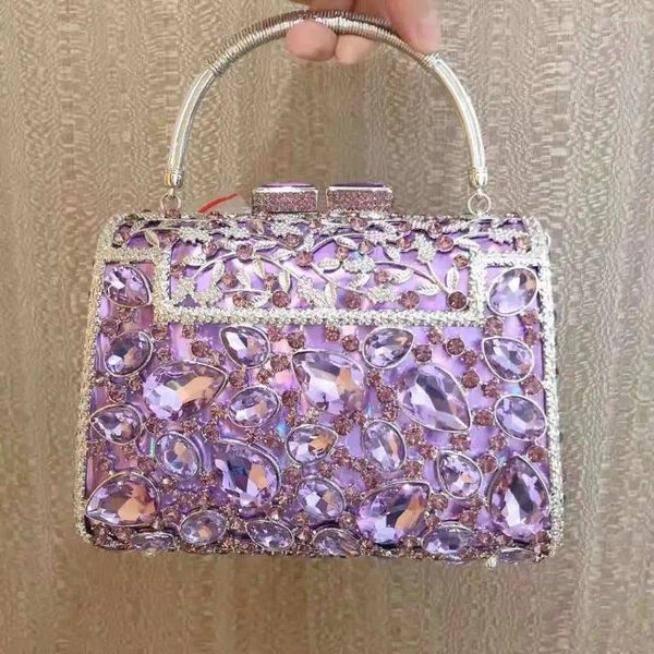 Bolsos de noche Bolso de embrague de fiesta de boda de lujo Novia Cristal Plata Púrpura Bolso Bolsos de mujer Monedero