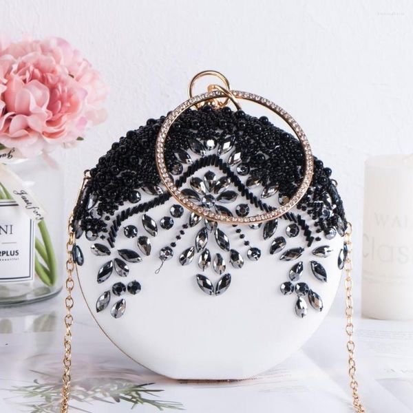 Bolsos de noche de lujo para mujer, fiesta, boda, abalorios, redondo, Vintage, diamante, flor de cristal, negro, blanco, día, embragues con cadena de oro