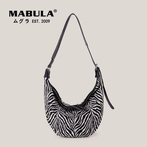 Evening Bags MABULA Canvas Half Moon Women Shoulder Bags With Zebra Pattern Large Capacity Crossbody Chest Bag Fashion Purses 230404