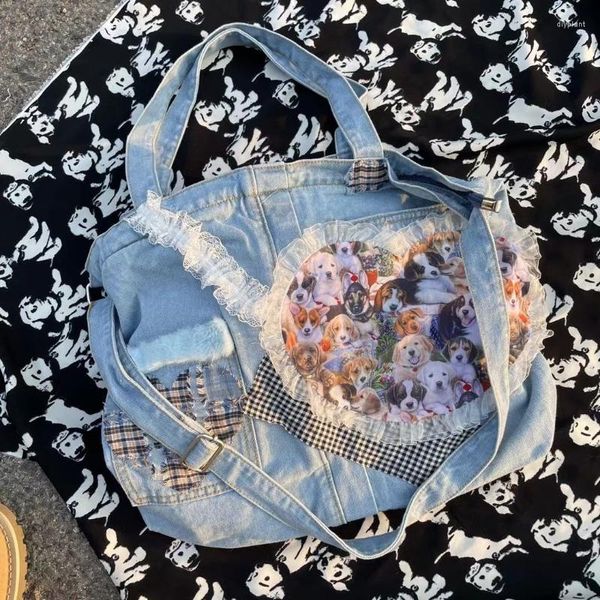 Bolsos de noche MBTI Original Y2k Tote para mujer Vintage Denim perros lindos Patchwork encaje estudiante bolso de hombro de gran capacidad bolso de mano femenino