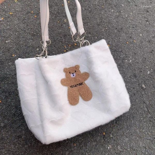 Bolsas de noche MBTI Blanco Bolsa de asas para mujer Y2k Peluche Lindo Oso Lolita Gran Capacidad Hombro Casual Vintage Amor Corazón Dulce Axila Sac