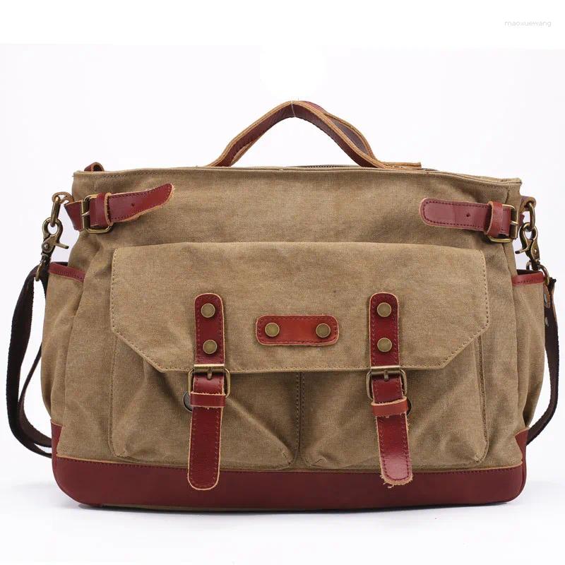 Evening Bags Men's Casual Vintage Canvas Cowhide Leather Rucksack Messenger Bag School Crossbody Shoulder Briefcase Tote Handbag 14"