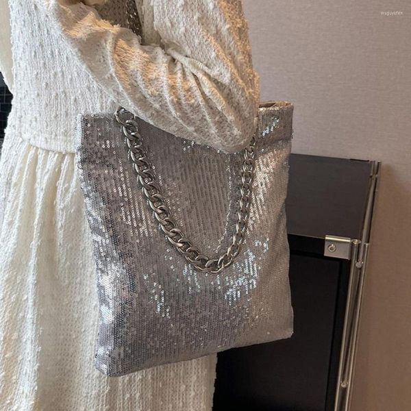 Sacs de soirée métallique argent fourre-tout sacs à main et sacs à main luxe paillettes femmes sac à bandoulière dames Designer chaînes bandoulière pour 2023