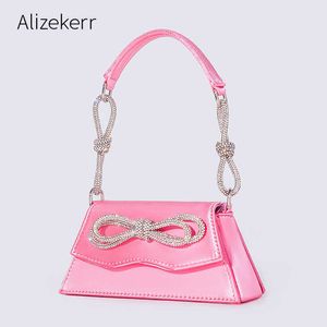 Bolsos de noche Mini Rhinestone Bow Bolsos de moda para 2022 Mujeres Chic Boutique Brillante Cristal Satinado Pequeño Embrague de noche Monedero Banquete de boda J230420