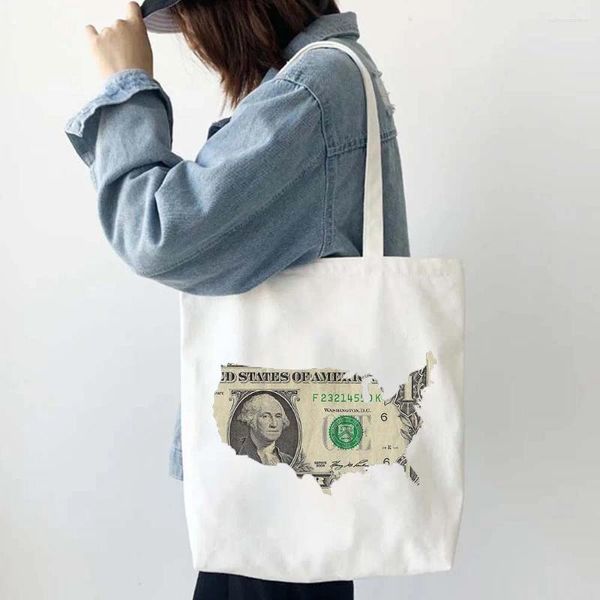 Bolsas de noche Devolución de dinero Dibujos animados Mapa americano Dólares Tote Bolsa de compras Lona Reutilizable Verano Gran capacidad Bolsos de hombro