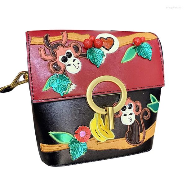 Sacs de soirée Singe Banane Femmes Cuir Patchwork Broderie Cross Body Messenger Sac Fille Épaule Braccialini Style Art Cartoon