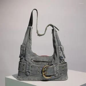 Sacs de soirée Moto Biker Denim Tissu pour femmes Sacs à main de luxe Designer Sacs à main 2024 en processus de lavage vintage Ceinture Boucle Épaule