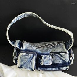 Bolsas de noche Moto Biker Denim para mujeres Diseñador de lujo Bolsos Monederos 2023 en Y2K Múltiples bolsillos Lavado Paño Axila Hombro